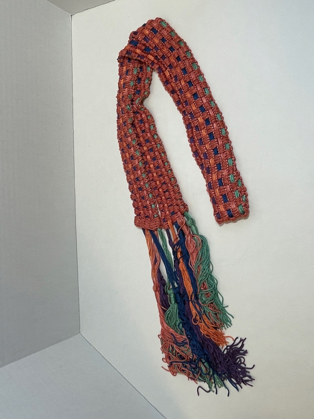 Vintage Macrame Sash Belt Salmon Blue Teal Boho Fringe Tie Waist Hand Knotted